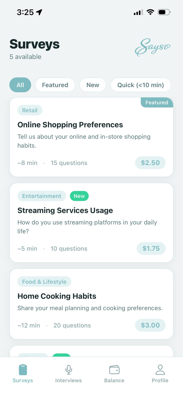 Sayso surveys dashboard showing available studies with payouts and durations