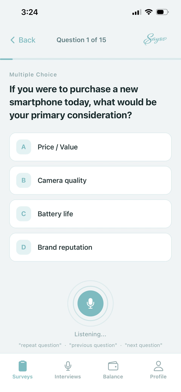 Sayso app showing a multiple-choice survey question with the microphone listening
